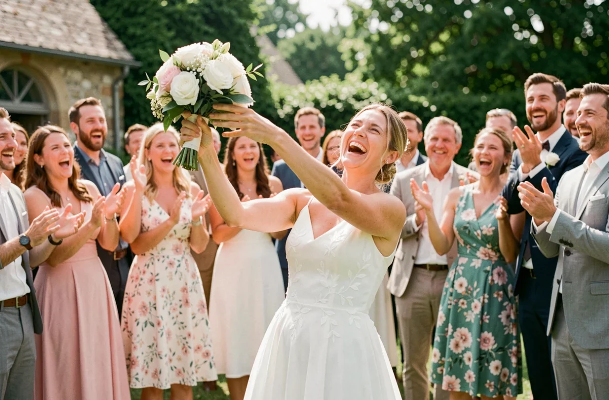 Mariée joyeuse lançant son bouquet entourée d'invités souriants lors d'un mariage festif et authentique
