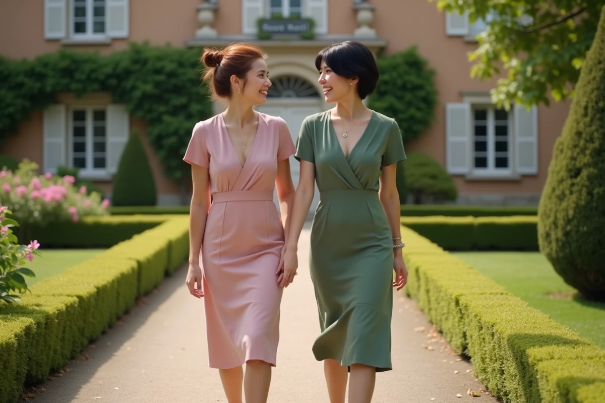 Deux amies marchant dans un jardin en riant