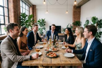 Groupe d'amis riant autour d'une table moderne