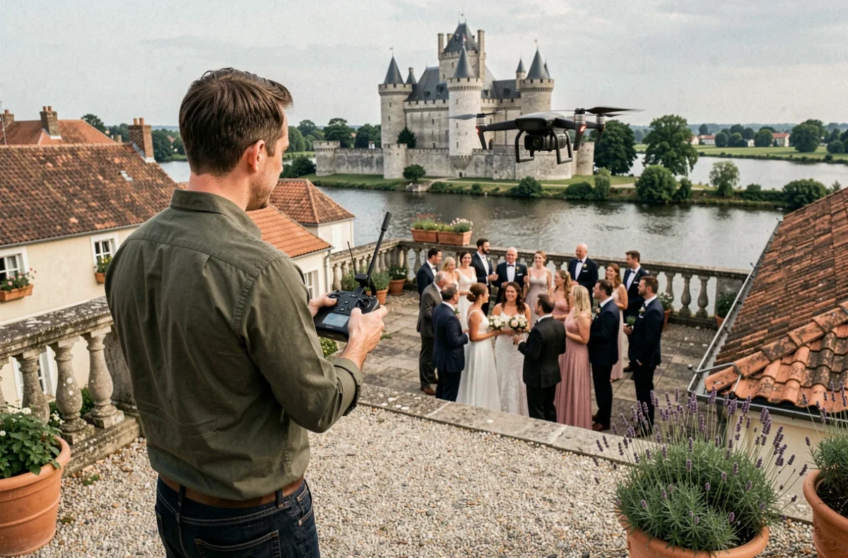 Angles Production vidéaste mariage à Angers pilotant un drone au-dessus d'un groupe de mariés avec le château en fond