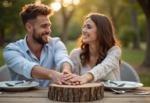 Couple célébrant leur anniversaire de mariage en extérieur