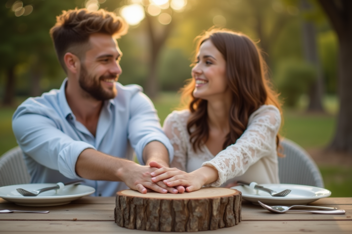Couple célébrant leur anniversaire de mariage en extérieur