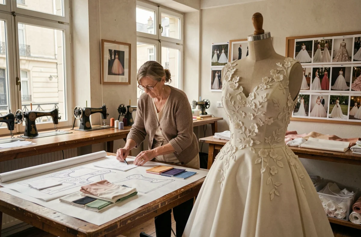 Couturière travaillant sur des patrons dans l'atelier Cluzel à Nantes, avec une robe de mariée sur mesure ornée d'appliqués floraux en avant-plan
