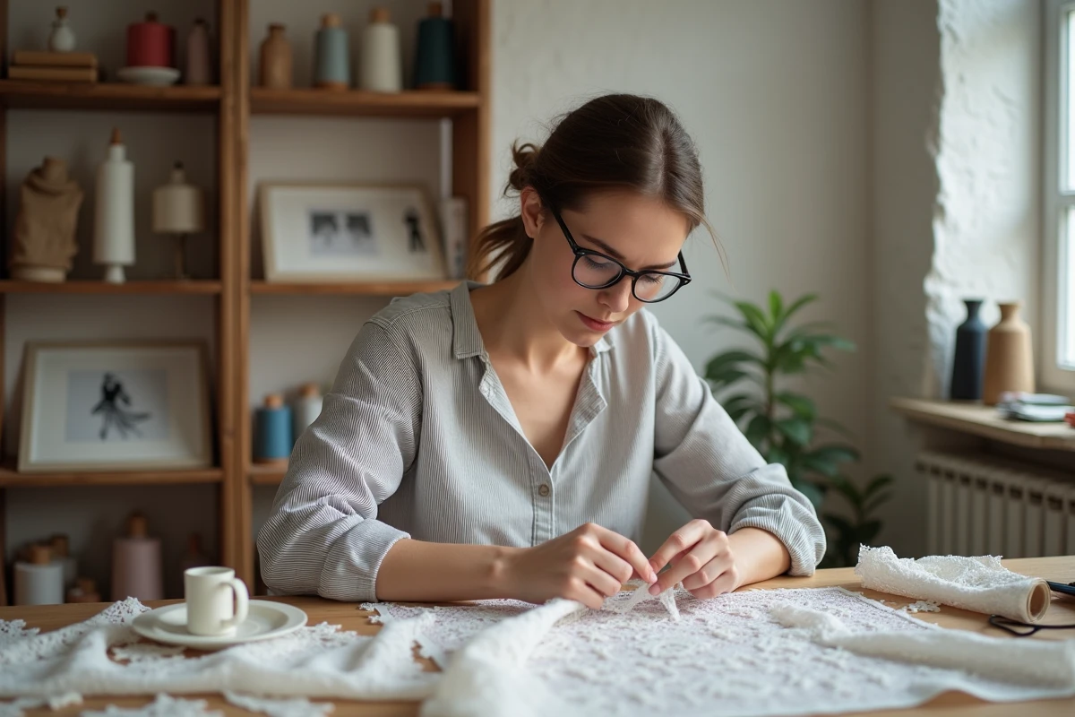 Femme couturière retravaillant un tissu de dentelle de robe de mariée dans un atelier de couture artisanal