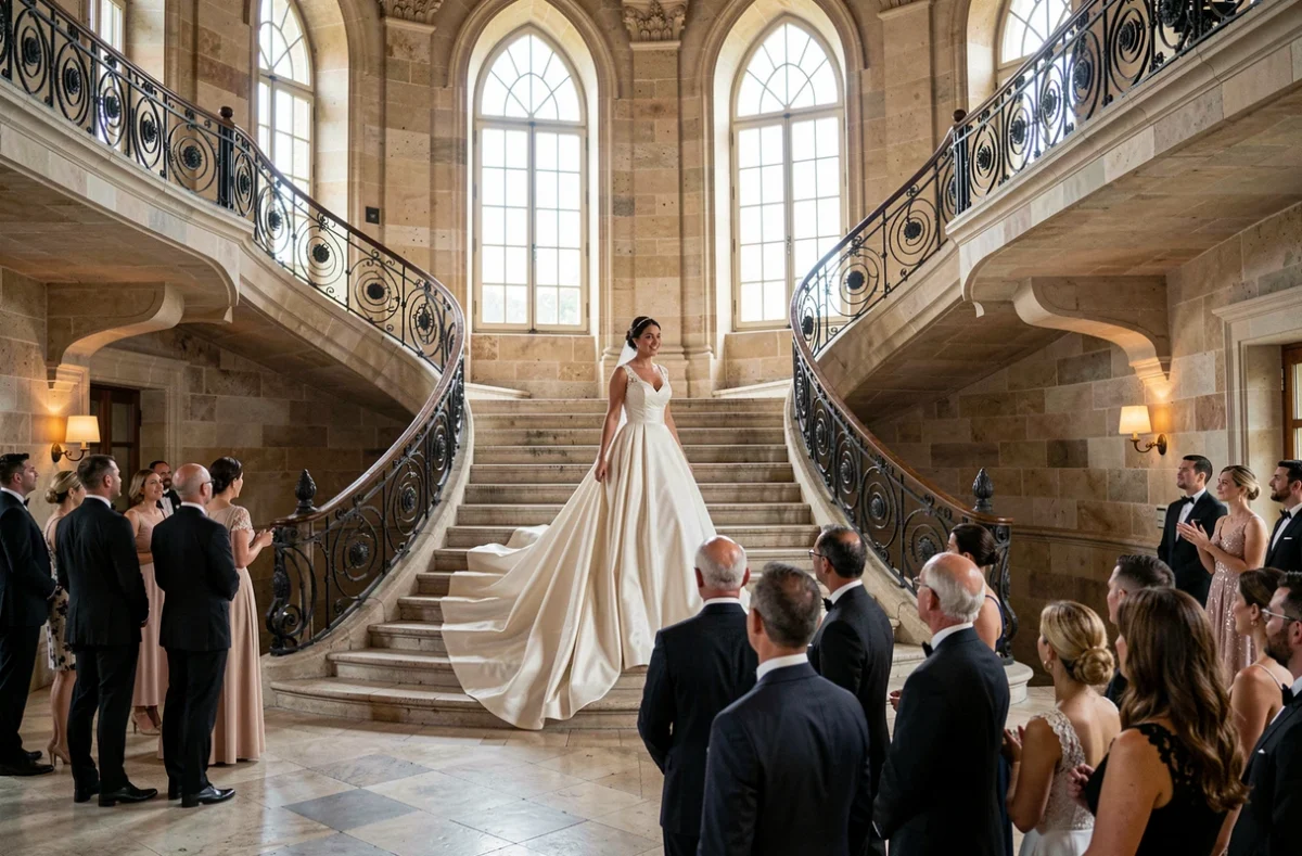 Mariée élégante descendant un escalier de château lors d'un mariage haut de gamme en Maine-et-Loire