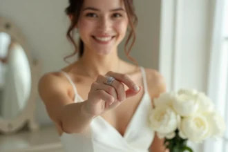 Mariée portant une bague en argent filigrane avec zircon, tenue de mariage ivoire, décor minimaliste élégant