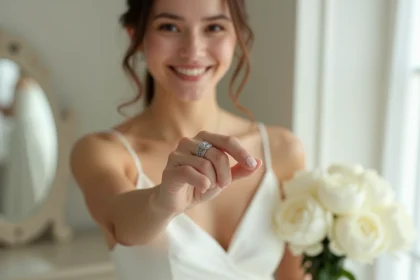 Mariée portant une bague en argent filigrane avec zircon, tenue de mariage ivoire, décor minimaliste élégant