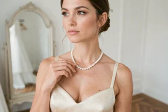 Mariée essayant un collier de perles nacrées dans une boutique de robes de mariée élégante