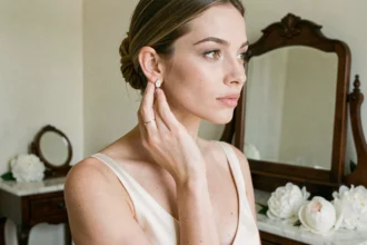Mariée portant des boucles d'oreilles en diamant assorties à son alliance en platine, dans une suite nuptiale au décor élégant