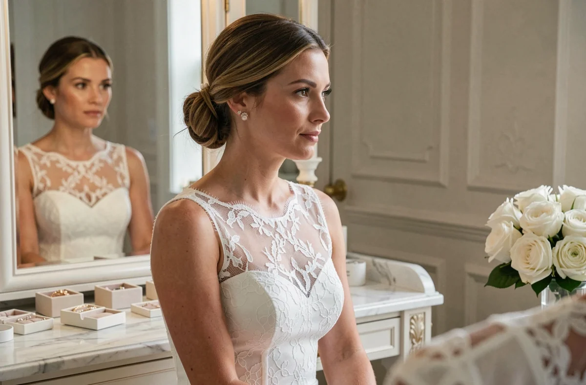 Mariée portant des boucles d'oreilles perles et strass devant un miroir de coiffeuse le jour du mariage