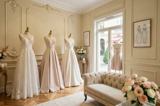 Intérieur d'une boutique de robes de mariée dans les Pays de la Loire avec plusieurs robes exposées sur des mannequins dans un cadre élégant