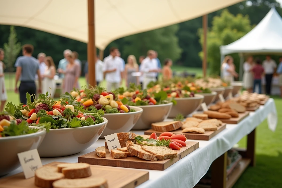 Buffet extérieur organisé et généreux pour un événement de 100 personnes avec plats étiquetés et présentation anti-gaspillage