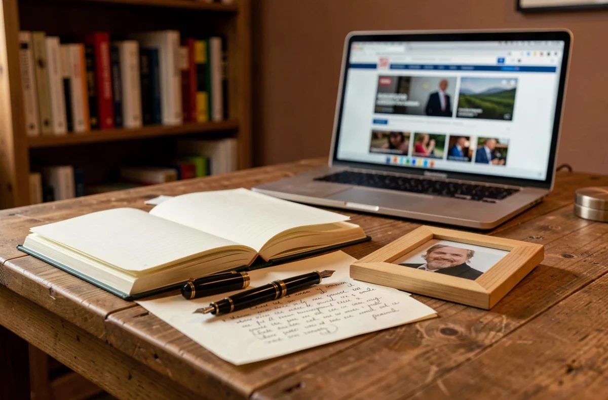 Bureau avec carnet de notes manuscrites et photo retournée symbolisant la frontière entre curiosité publique et vie privée
