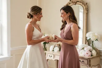 Mariée offrant un cadeau emballé à sa témoin dans un salon nuptial élégant