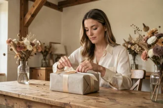 Femme émue en train de déballer un cadeau de témoin de mariage emballé dans du lin, assis à une table en bois rustique décorée de fleurs séchées