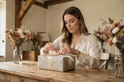 Femme émue en train de déballer un cadeau de témoin de mariage emballé dans du lin, assis à une table en bois rustique décorée de fleurs séchées