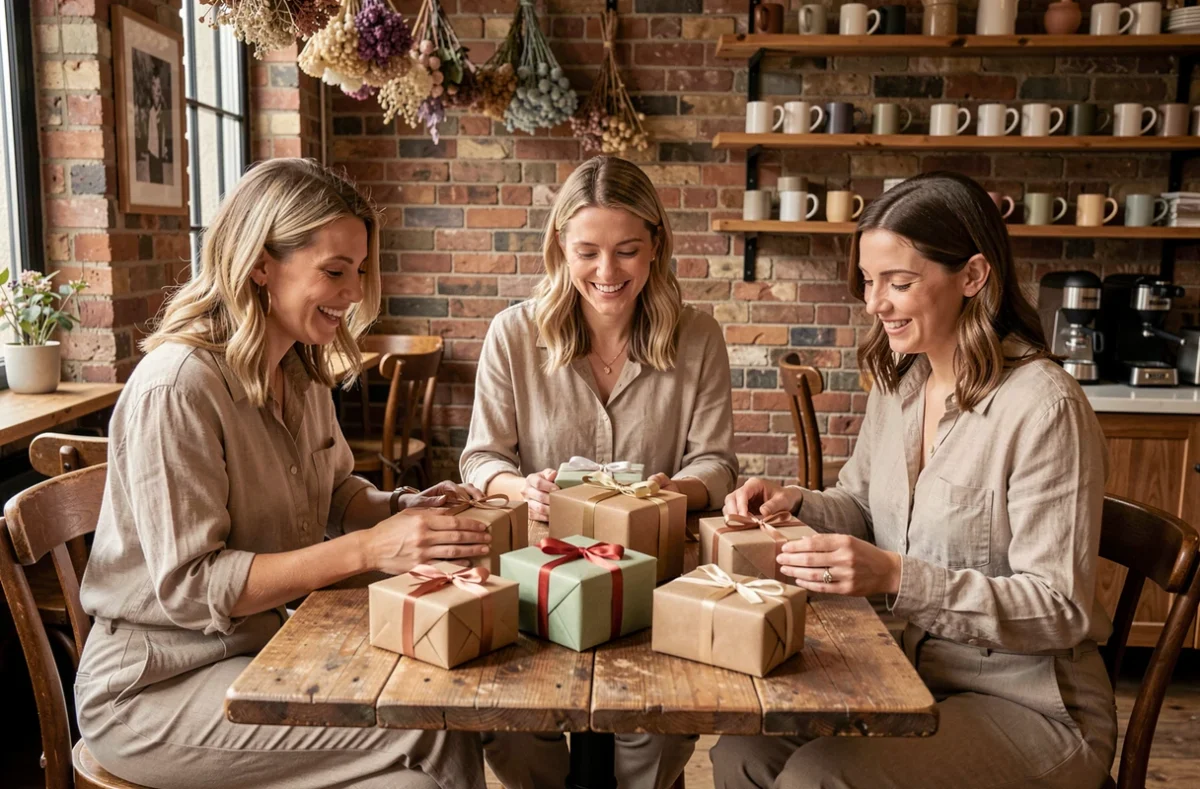 Groupe de témoins de mariage découvrant des cadeaux différents autour d'une table de café