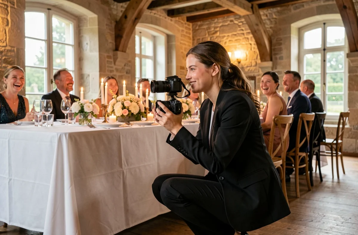 Camille Gambier vidéaste mariage en Loire-Atlantique filmant un dîner de réception dans un manoir