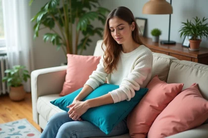 Jeune femme arrangeant coussins turquoise et corail dans un salon moderne