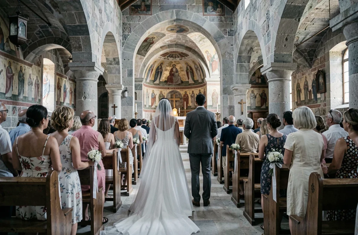 Cérémonie de mariage dans une église ottomane en pierre de la ville historique de Berat en Albanie