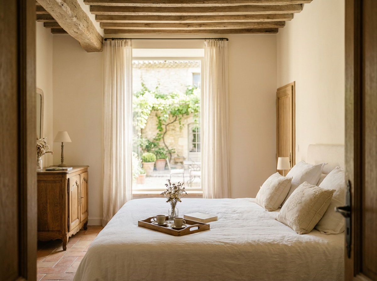 Suite d'hébergement rustique chic dans un domaine de mariage avec vue sur la cour intérieure