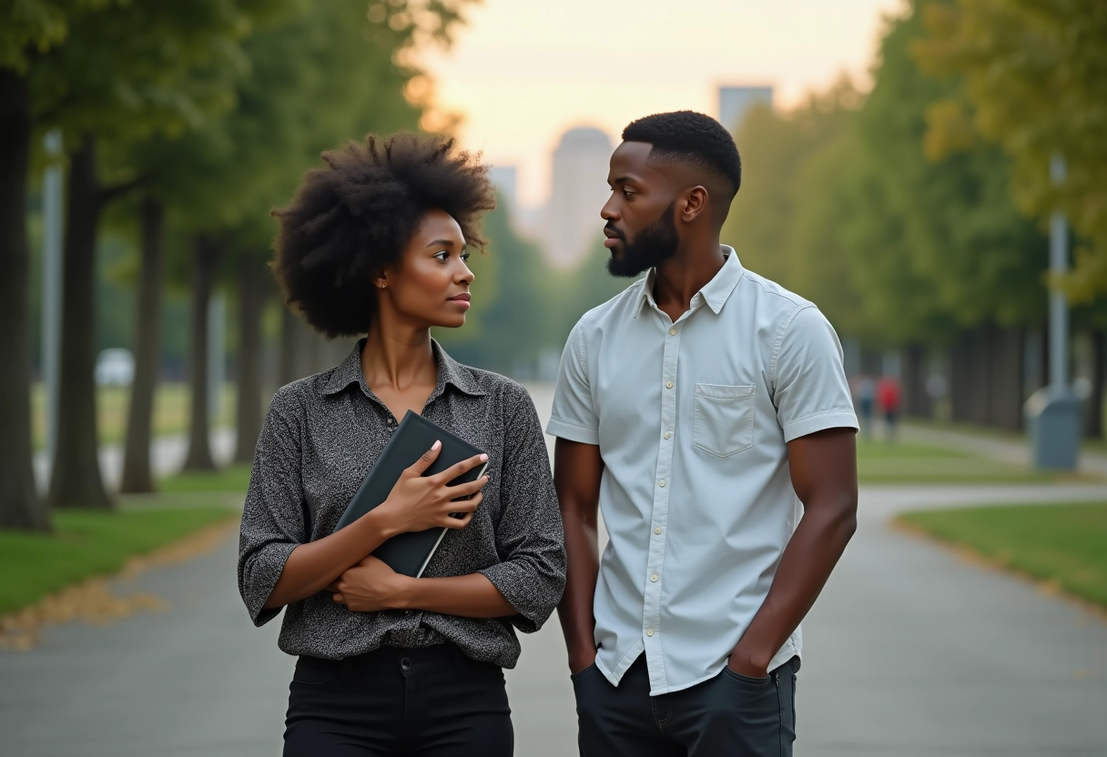 Femme chanteuse dans un parc avec son partenaire