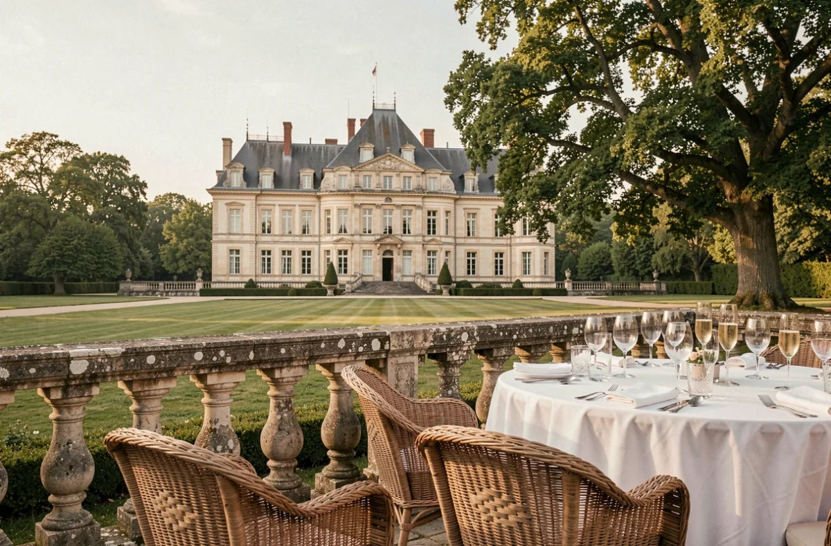 Le Château d'Audrieu en Normandie, terrasse de cocktail mariage avec balustrade en pierre, flûtes de champagne et façade du château en arrière-plan