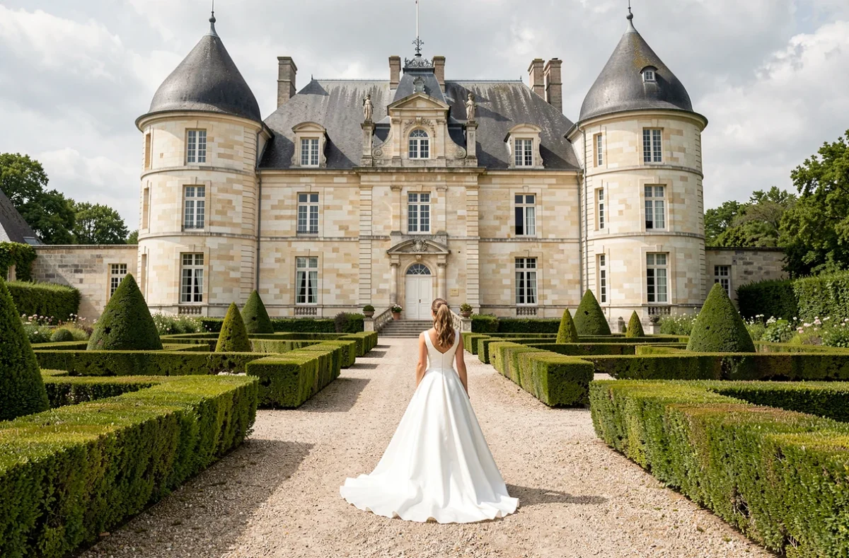 Le Château de Brouay dans le Calvados, jardin à la française avec une mariée en robe blanche se dirigeant vers la façade en pierre du château