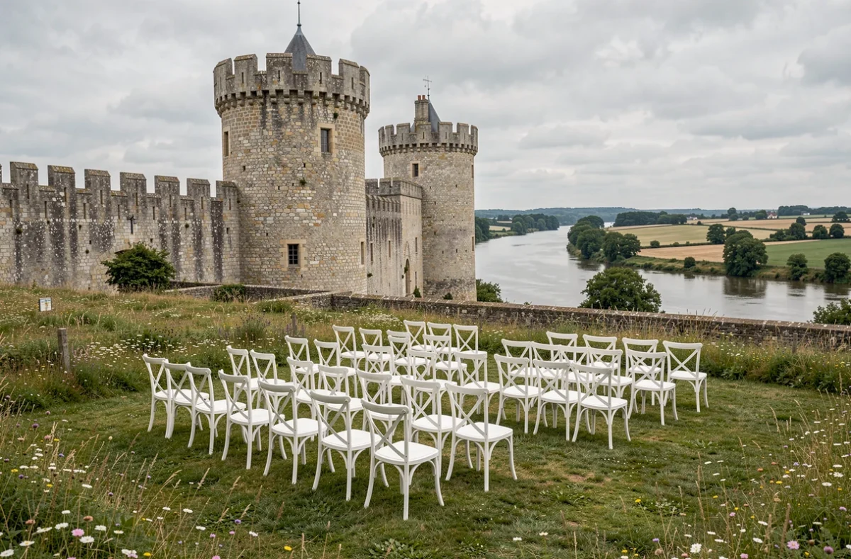 Le Château de Creully dans le Calvados, forteresse médiévale avec tours circulaires et cérémonnie de mariage en plein air avec chaises blanches dans l'enceinte du château
