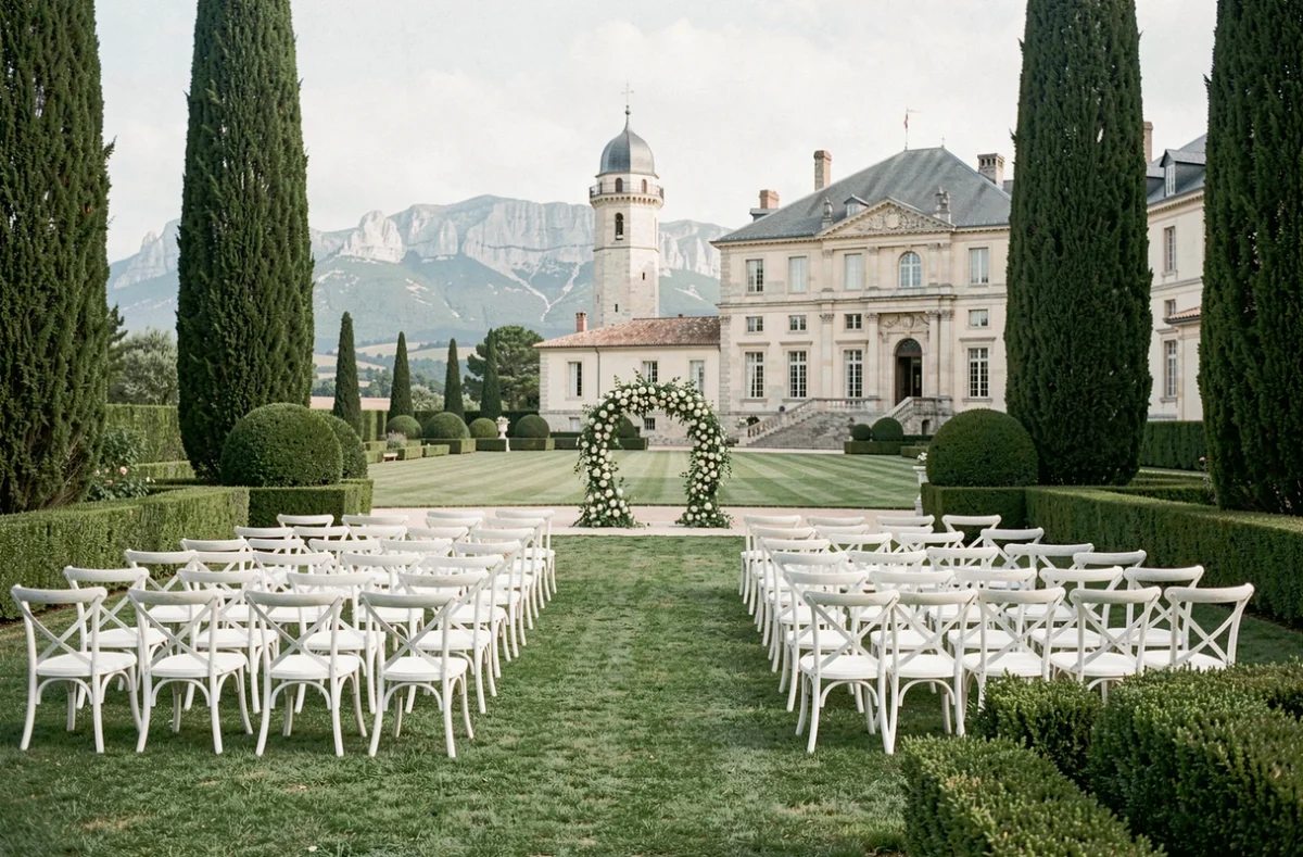 Cérémonie de mariage en plein air au Château de la Gaude avec allée fleurie, chaises blanches et façade classique du château d'Aix-en-Provence en arrière-plan