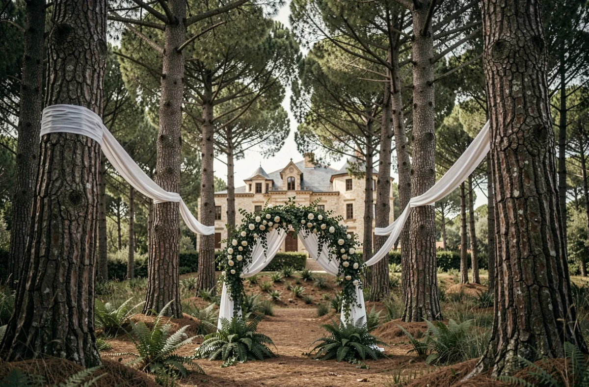 Cérémonie de mariage en forêt varoise au Château de Nans avec allée fleurie entre les chênes et pins méditerranéens et arche de mariage végétale en fond
