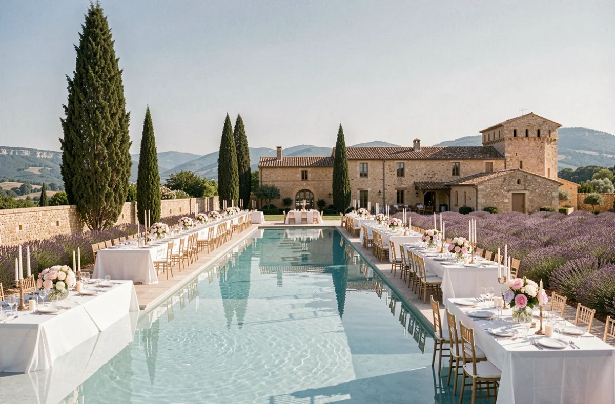Réception de mariage en terrasse piscine au Château de Sannes dans le Luberon avec tables dressées au bord de l'eau et champs de lavande en arrière-plan