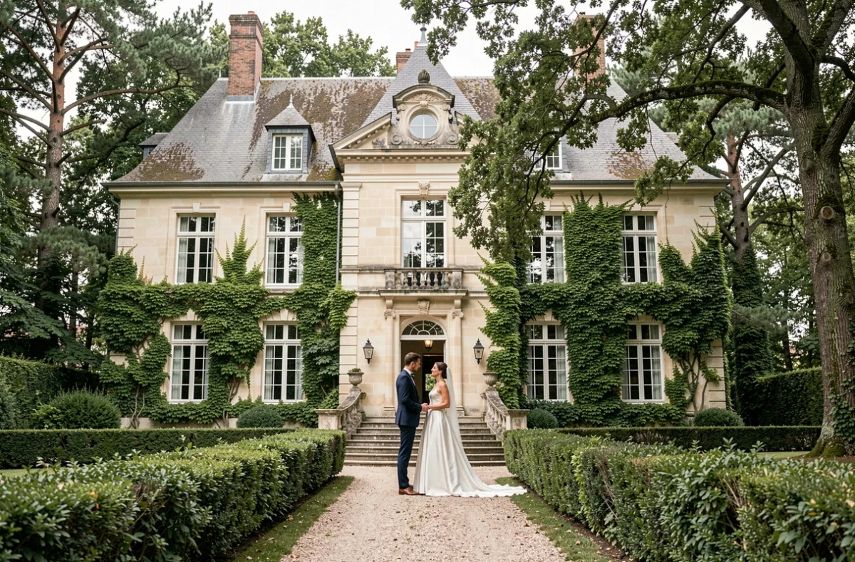 Le Château d'Hermival en Normandie, façade en pierre avec lierre et couple de mariés sur le perron lors d'une réception de mariage