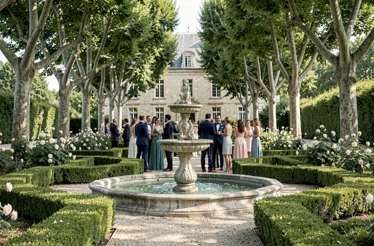 Cocktail de mariage dans le parc ornemental du Château des Trois Fontaines en Vaucluse avec fontaine en pierre, parterres de roses et invités en tenue estivale élégante