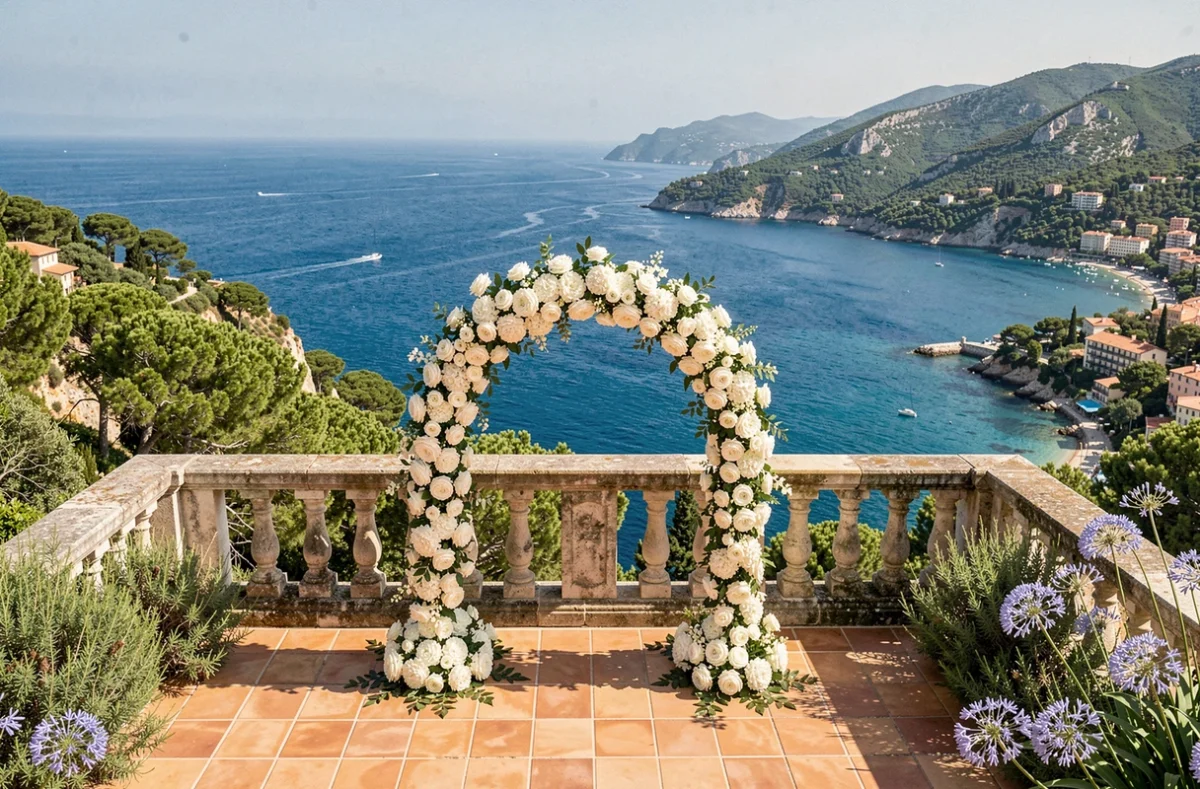 Arche de mariage fleurie sur la terrasse en pierre du Château Volterra avec vue panoramique spectaculaire sur le golfe de Saint-Tropez et la mer Méditerranée