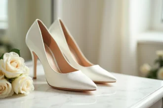 Chaussures de mariée blanches en satin posées sur un marbre avec des roses ivoire, gros plan détaillé