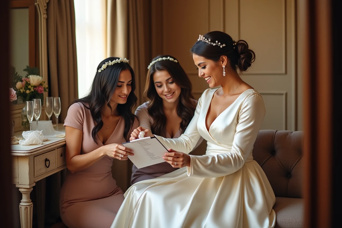 Mariée et ses amies consultant une check-list lors de l'essayage d'une robe de mariée longue manche en satin