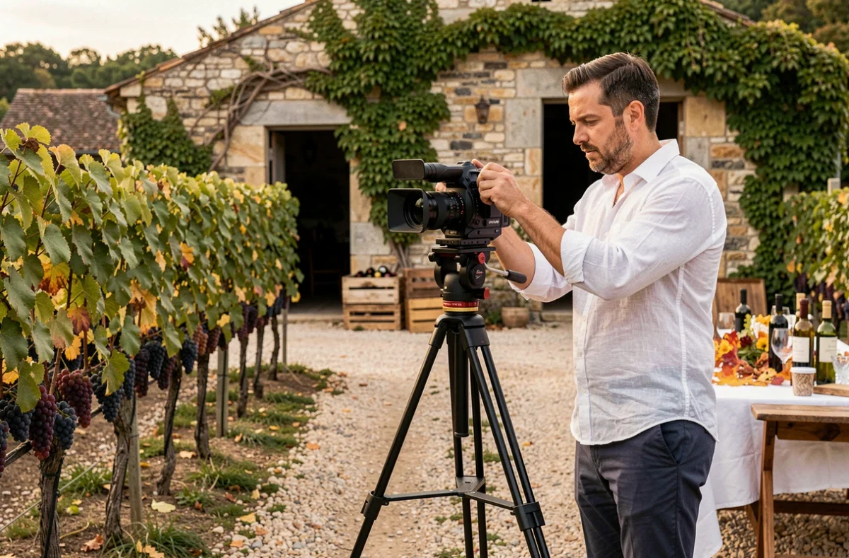 Clapset vidéaste mariage à Vallet installant sa caméra dans le vignoble Muscadet de Loire-Atlantique