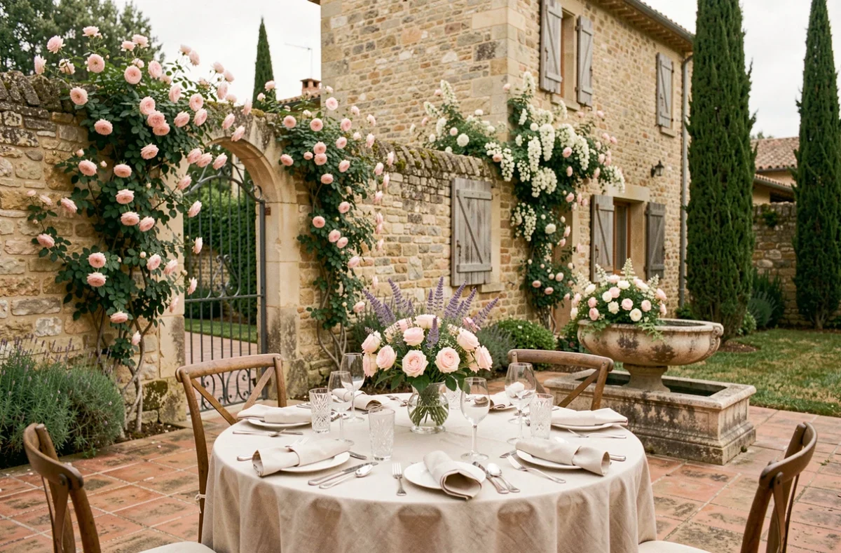 Dîner de mariage intime au Clos du Tuilier en Provence dans un jardin clos en pierre avec table ronde dressée parmi les roses grimpantes et le jasmin