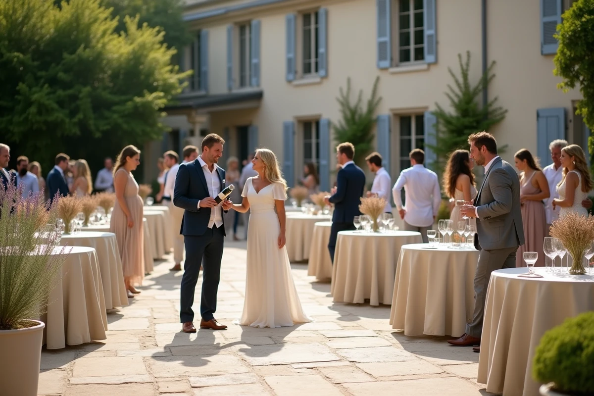 Cocktail de mariage sur la terrasse en pierre d'un domaine viticole en Gironde, invités élégants et service de vins bordelais