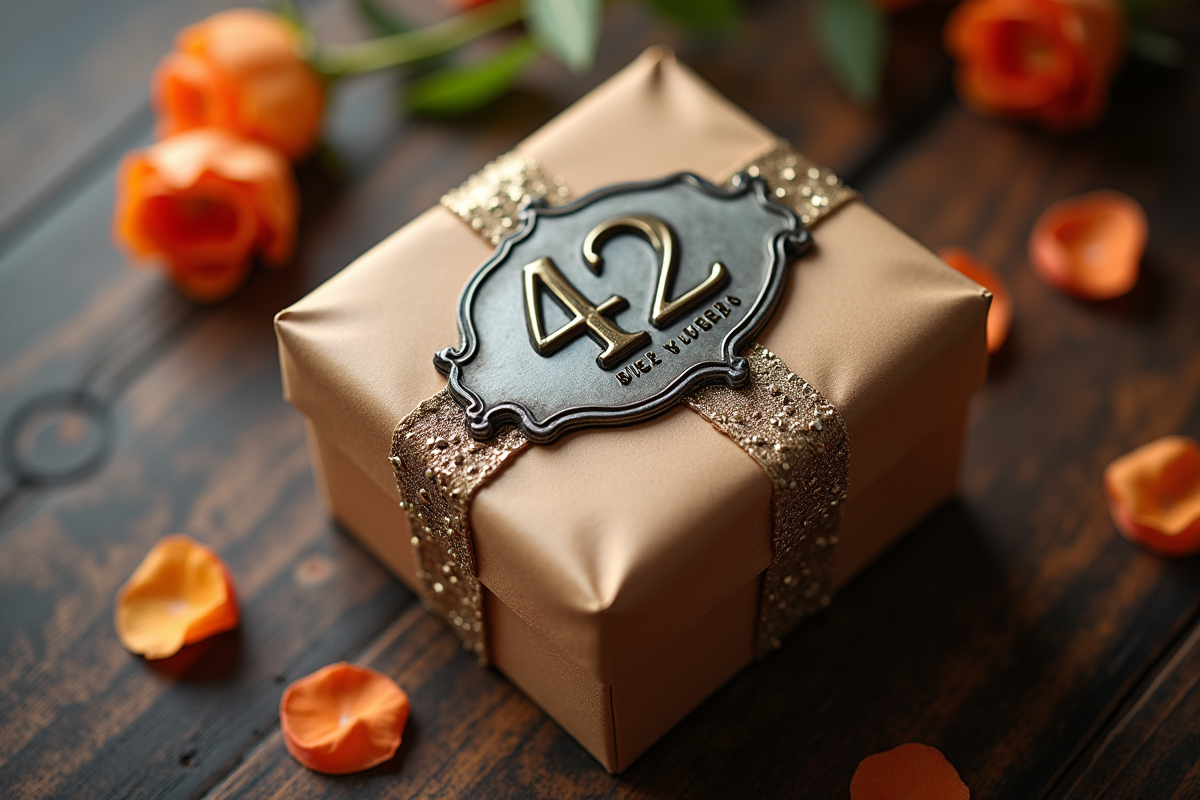 Coffret cadeau personnalisé 42 ans sur table en bois
