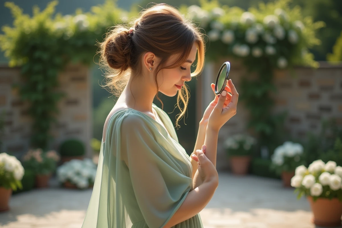 Demoiselle d'honneur en robe vert sauge ajustant un chignon romantique en extérieur dans un jardin fleuri lors d'un mariage