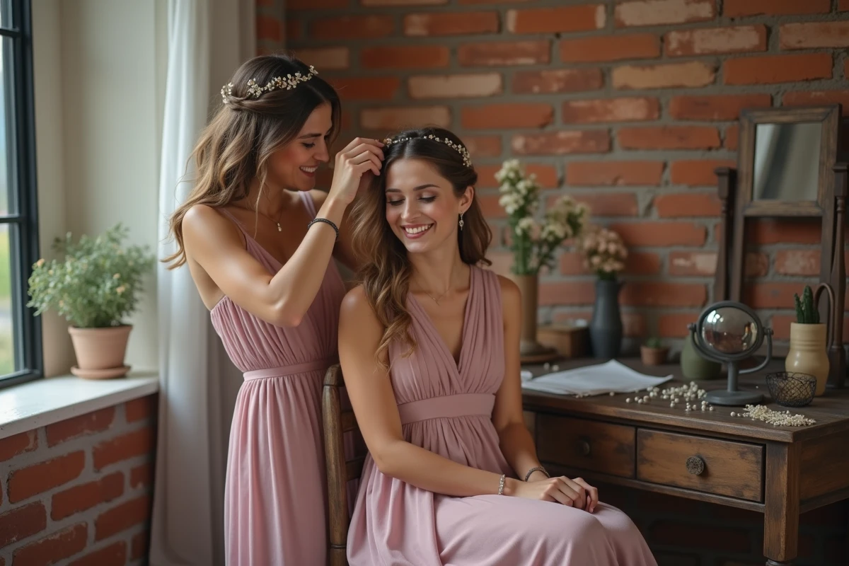 Deux demoiselles d'honneur réalisant une coiffure DIY économique avec tresse et fleurs séchées dans une chambre rustique