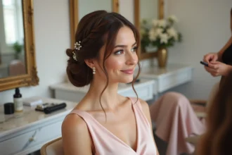 Coiffure de demoiselle d'honneur chic réalisée dans un salon, chignon tressé avec épingles nacrées sur robe de mariée blush