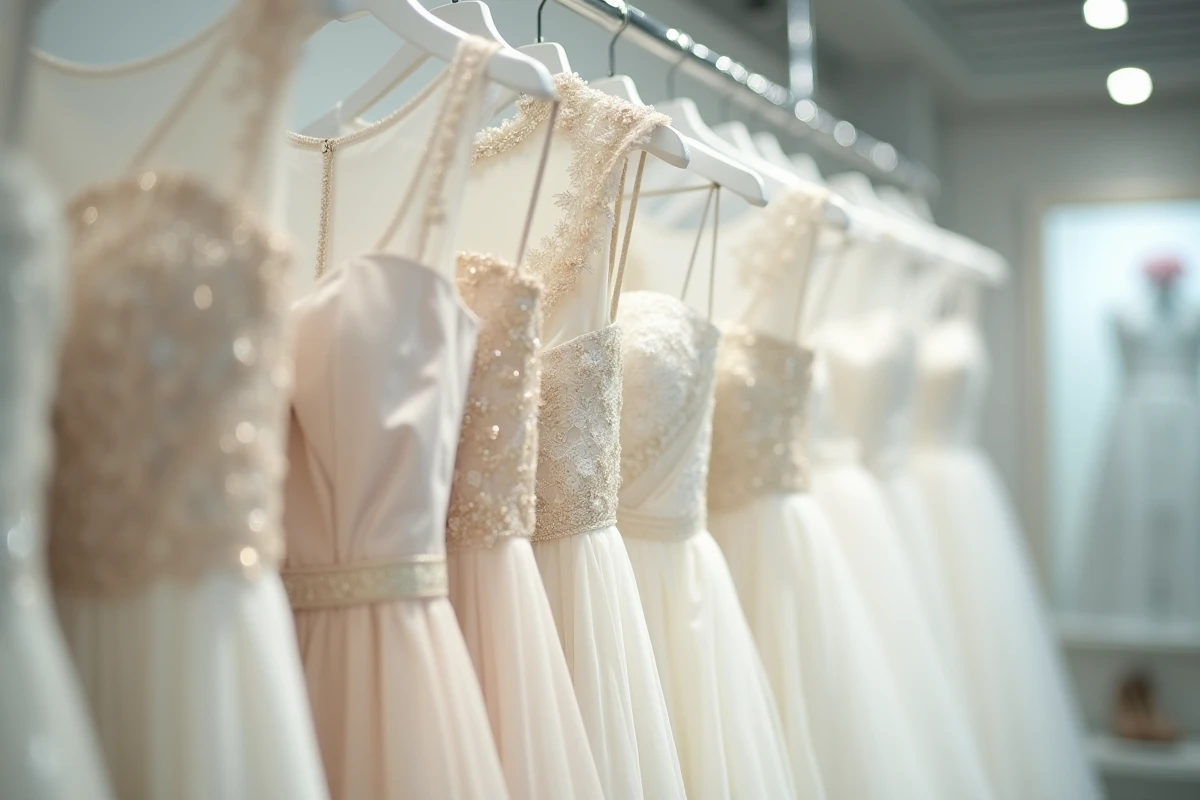 Robes de mariée de différents styles et prix accrochées dans une boutique, étiquettes de prix visibles