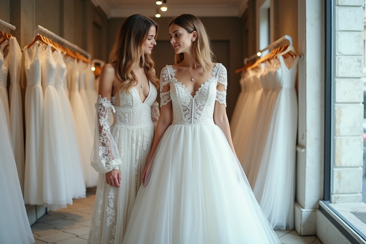 Comparaison d'une robe de mariée bohème et d'une robe princesse dans une boutique de mariage à Montpellier