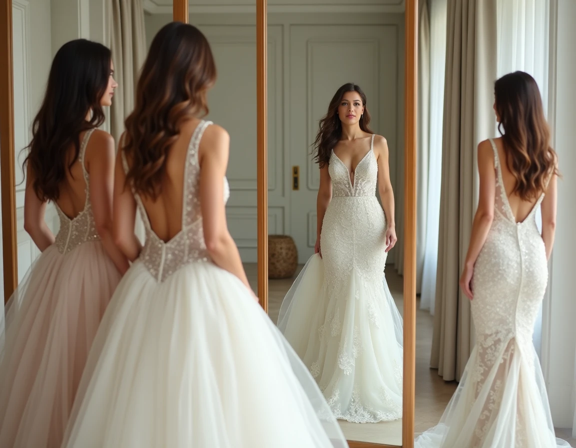 Deux mariées comparant une robe de mariée princesse bouffante et une robe sirène à paillettes dans une boutique de mariée élégante