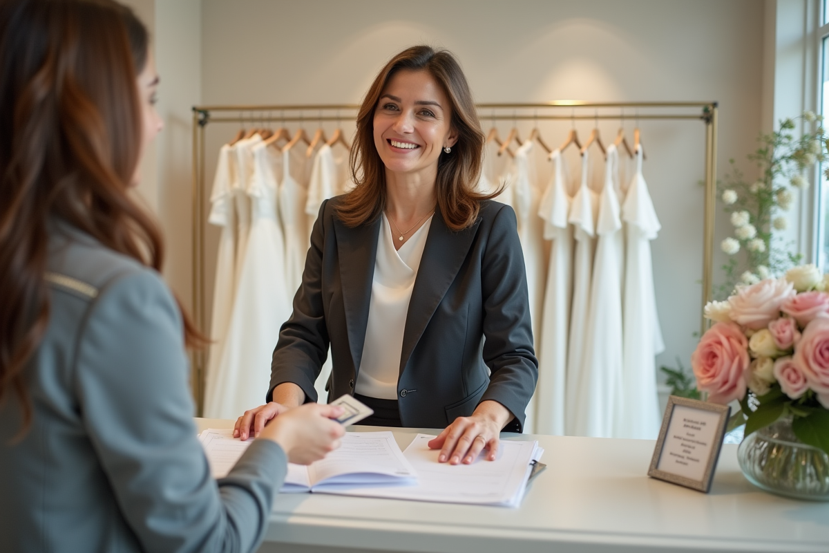 Consultante de mariage souriante derrière le comptoir