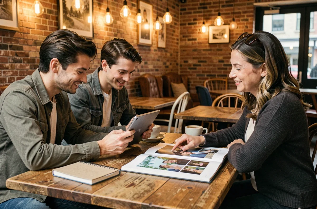 Consultation entre clients et photographe autour d'un portfolio dans un café à Montfermeil