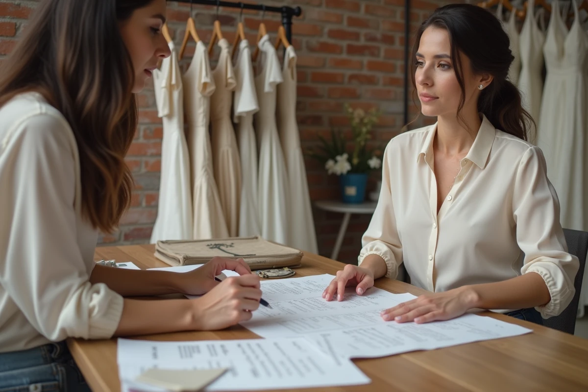 Consultante en mariage présentant les tarifs de robes de mariée à une future mariée dans un atelier moderne